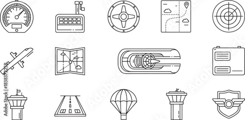Set of aviation line icons including gauge, radar, map, airplane, engine, and air traffic control tower