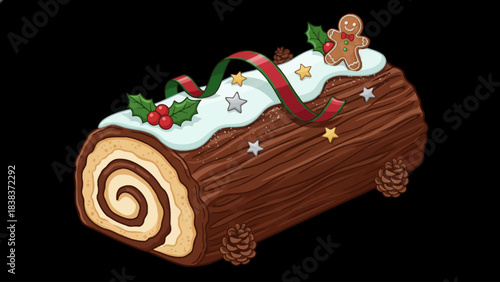 rolled Yule log cake covered in chocolate frosting and festive decorations creates an elegant and traditional Christmas dessert enjoyed around winter holidays