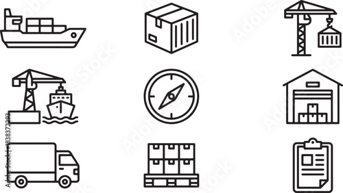 Shipping and delivery line icons cargo transportation industry logistic storage commerce symbols
