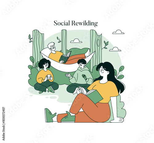 Social Rewilding with Friends in Nature Vector Illustration