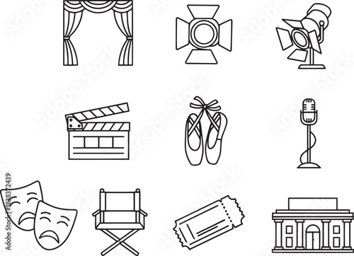 Theater and performance art line icons set stage curtain spotlights dance shoes acting masks