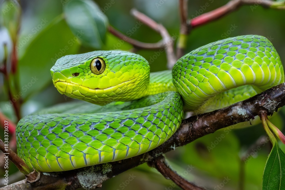 Fototapeta premium Green pit viper snake coiled predator on tree branch