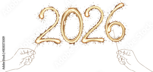 Sparkling 2026 new year celebration with sparklers against a dark background glow