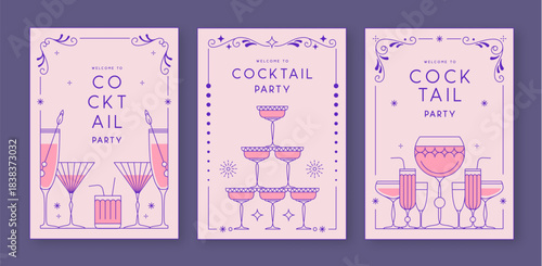 Set of line art retro cocktail party posters with cocktail and champagne glasses. Holiday frames. Vector illustration