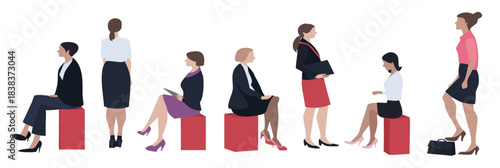 women standing and sitting sideways side view in color for architectural projects in editable vector