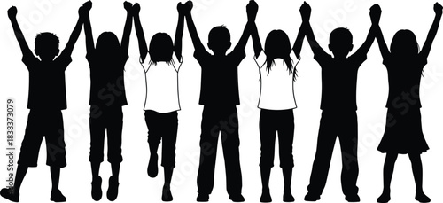 Happy children silhouette group holding hands raised together, unity teamwork friendship concept, kid celebration, community support and childhood illustration