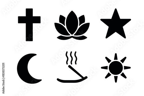 Minimalist religious and spiritual symbols in black silhouette design