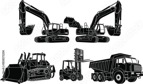 Heavy construction machinery silhouettes including excavators, bulldozer, forklift and dump truck, industrial equipment illustration for engineering, building and development projects