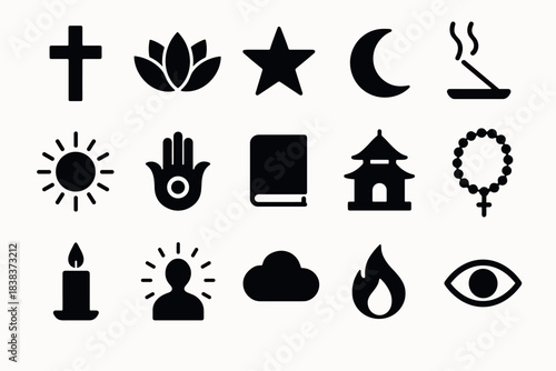 Spiritual and religious icons collection in bold silhouette style