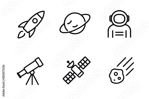 Space exploration icons rocket, planet, astronaut, telescope, satellite, meteor