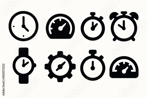 Minimalist collection of silhouette clocks and timers in black