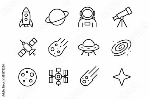 Space exploration icons set rocket, astronaut, telescope, ufo, satellite, asteroid