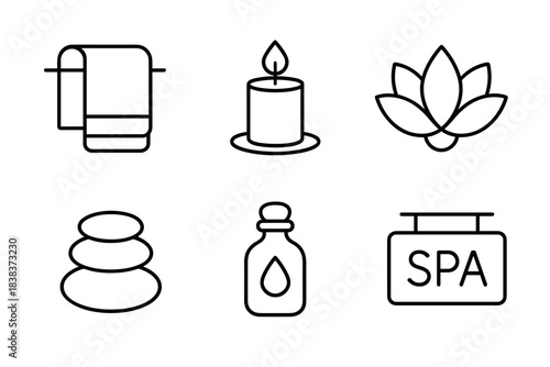 Minimalist spa icons candle, towel, lotus, stones, oil, spa sign