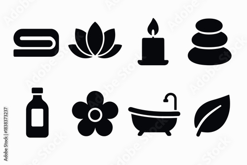 Silhouette spa icons candle, flower, bathtub, and leaf elements