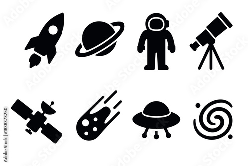Space exploration icons rocket, astronaut, telescope, and more in bold silhouette