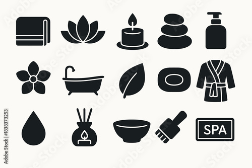 Set of spa and wellness icons including candle, lotus, and bath elements