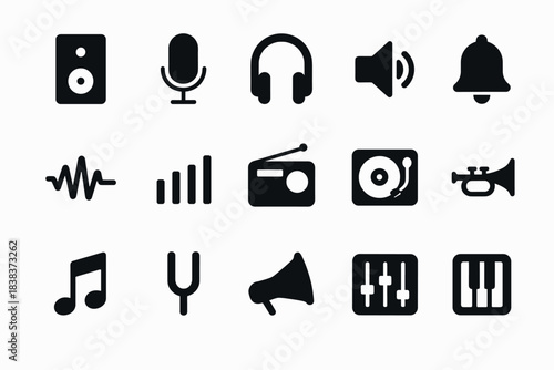 Minimalist audio icons set featuring musical instruments and sound equipment