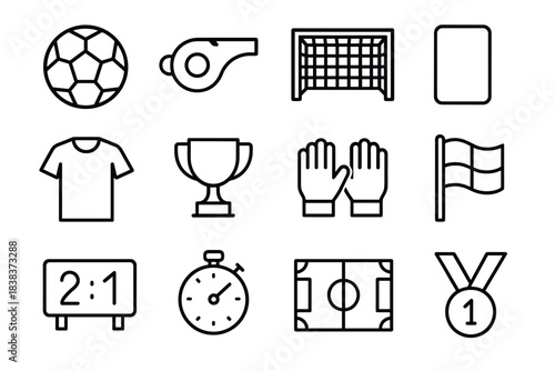 Soccer icons set featuring linear style ball, referee whistle, goal, yellow card, and more