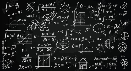 Chalkboard full of mathematical equations and scientific formulas in white chalk