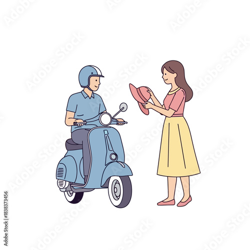 Charming rendezvous: a scooter date with affectionate gestures in simple illustration style