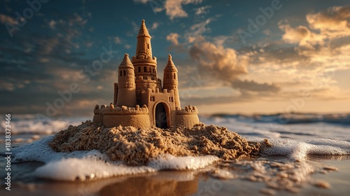 Fototapeta Naklejka Na Ścianę i Meble -  Majestic sandcastle on the beach at sunset, waves gently washing around it. Concept for childhood memories, summer vacation and architectural sculpture