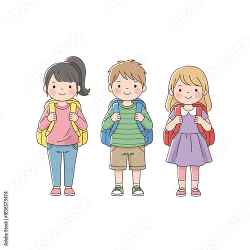 Illustrative depiction of students in different poses ready to learn new knowledge at school