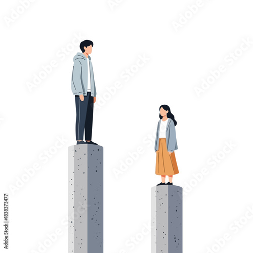 Conceptual illustration depicting gender dynamics and power imbalances with characters on pillars