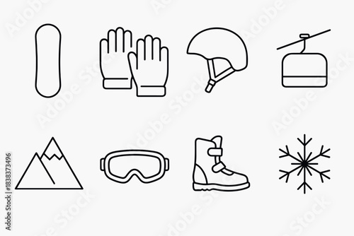 Winter sports essentials skiing and snowboarding gear icon set in minimalist style