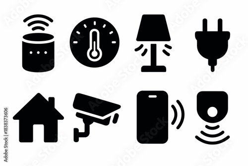 Smart home technology icons security, energy, and connectivity in modern flat design