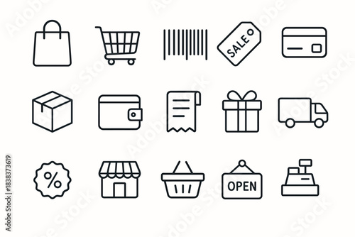 Line art icons shopping, payments, and retail elements