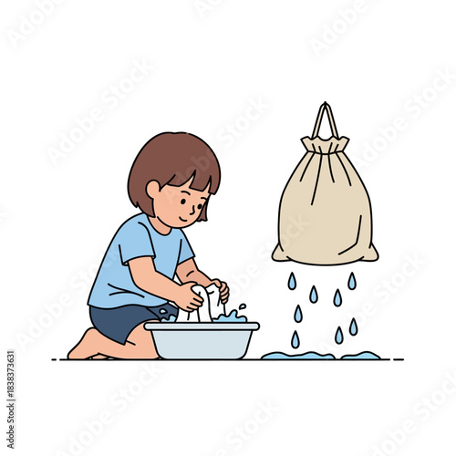 Young girl engages in focused handwashing activity with dripping sack illustration