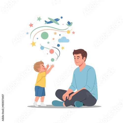 A father and child share a special moment filled with imagination and dreams together that