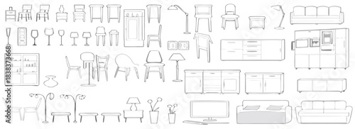 Furniture outline front and top view architectural designs. Set of isolated linear interior icons. Vector elements for apartments, living room, bedroom, kitchen, bathroom.