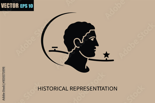 Silhouette of a roman emperor s profile against a crescent moon and star symbolizing historical representation and authority