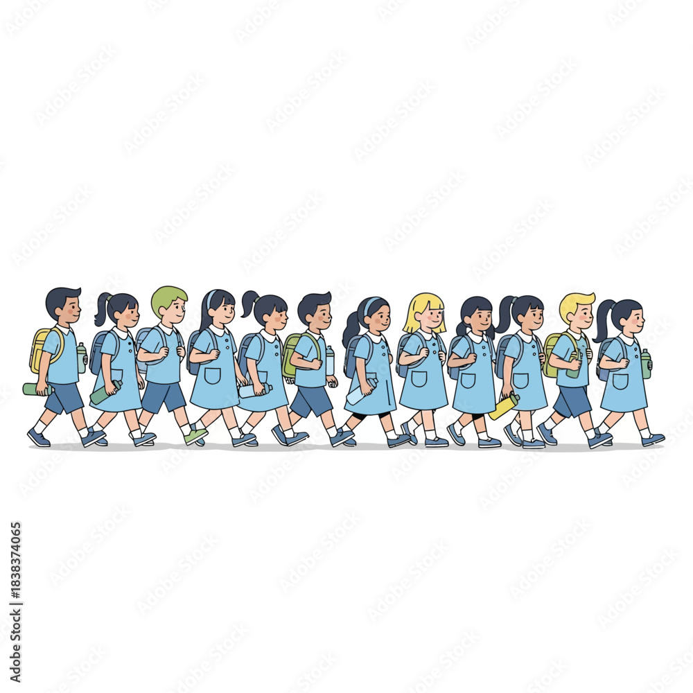 Obraz premium A rhythmic procession of young students marching onwards their educational journey together