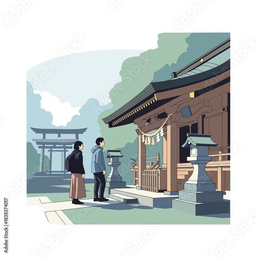 Tranquil contemplation: a couple paying respects at a traditional Japanese temple setting