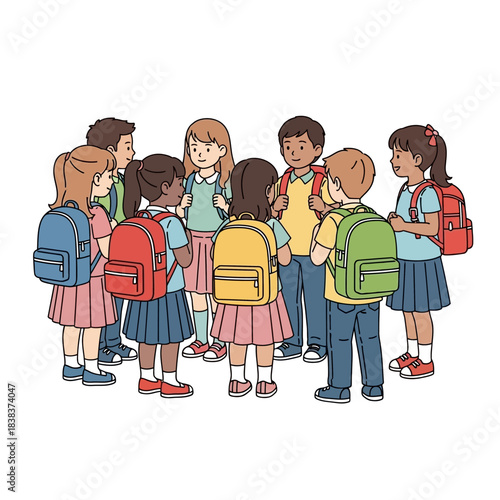 Group of diverse schoolchildren with backpacks gather forming a tight circle for discussion or a