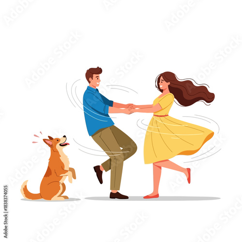 Whimsical waltz: a joyful young couple dancing with playful dog in a lighthearted scene