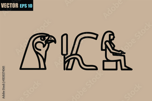 Ancient egyptian hieroglyphs depicting a falcon head a reed and a seated woman symbolizing royalty and divine power