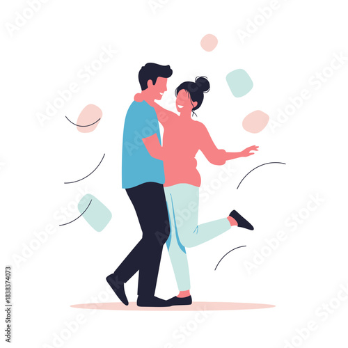 Illustration of loving couple embracing with playful geometric elements creating a cheerful