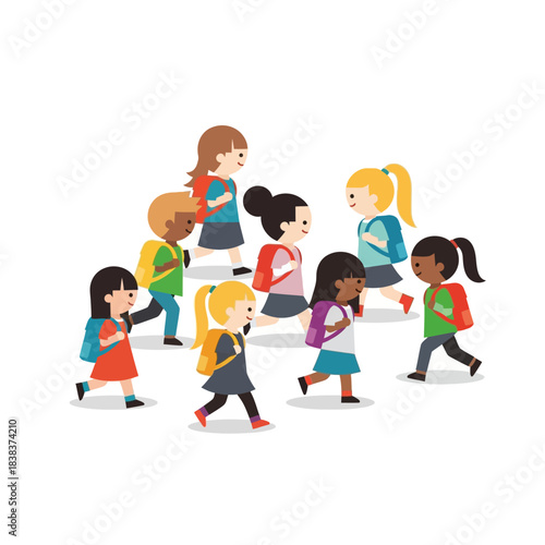 Diverse group of elementary school children walking together illustration