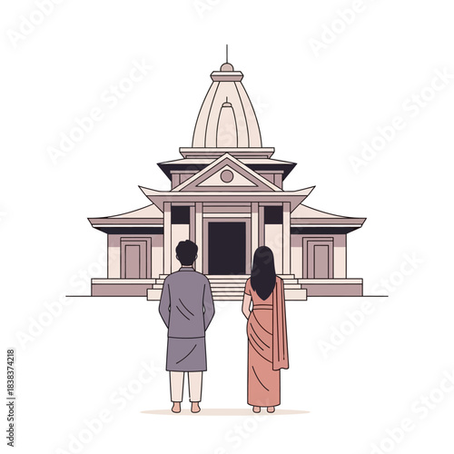 Tranquil scene of a couple visiting a traditional temple for spiritual reflection contemplation
