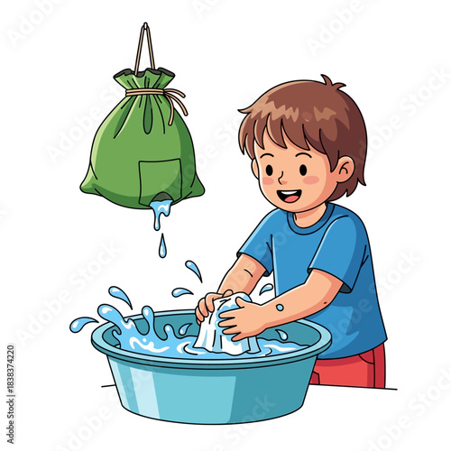 Boy meticulously handwashing clothes with water conservation practices at home softly and lightly