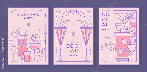 Set of line art retro cocktail party posters with cocktail and champagne glasses. Holiday frames. Vector illustration