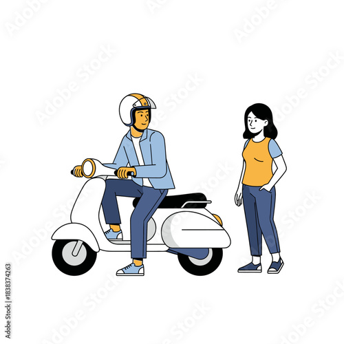 A cheerful couple enjoys a carefree scooter ride on a bright sunny day outdoor