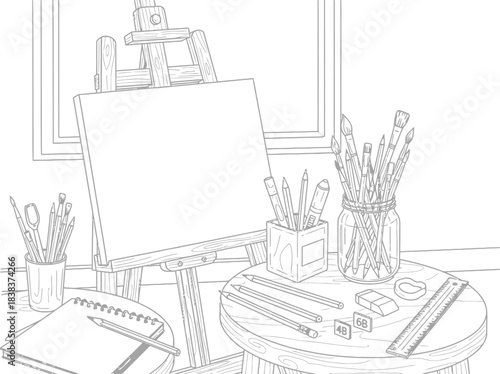 Artist's studio with easel brushes pencils and sketchpad in black and white