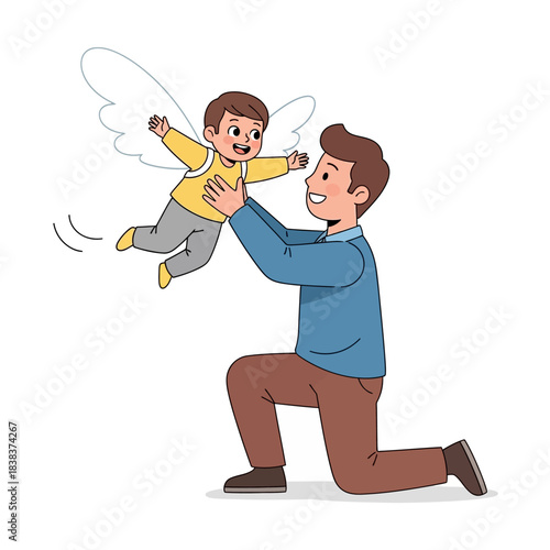 A father's loving embrace, lifting his joyful child with fanciful wings in the air, fostering