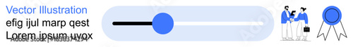 UIUX design, business success, presentation tools, achievement, digital interfaces, teamwork. Visual slider bar with blue marker, ribbon icon and two figures. UI design and business success concept