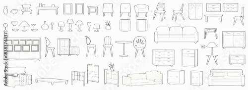 Furniture outline front and top view architectural designs. Set of isolated linear interior icons. Vector elements for apartments, living room, bedroom, kitchen, bathroom.