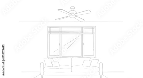 Interior sketch of living room with sofa window and ceiling fan illustration